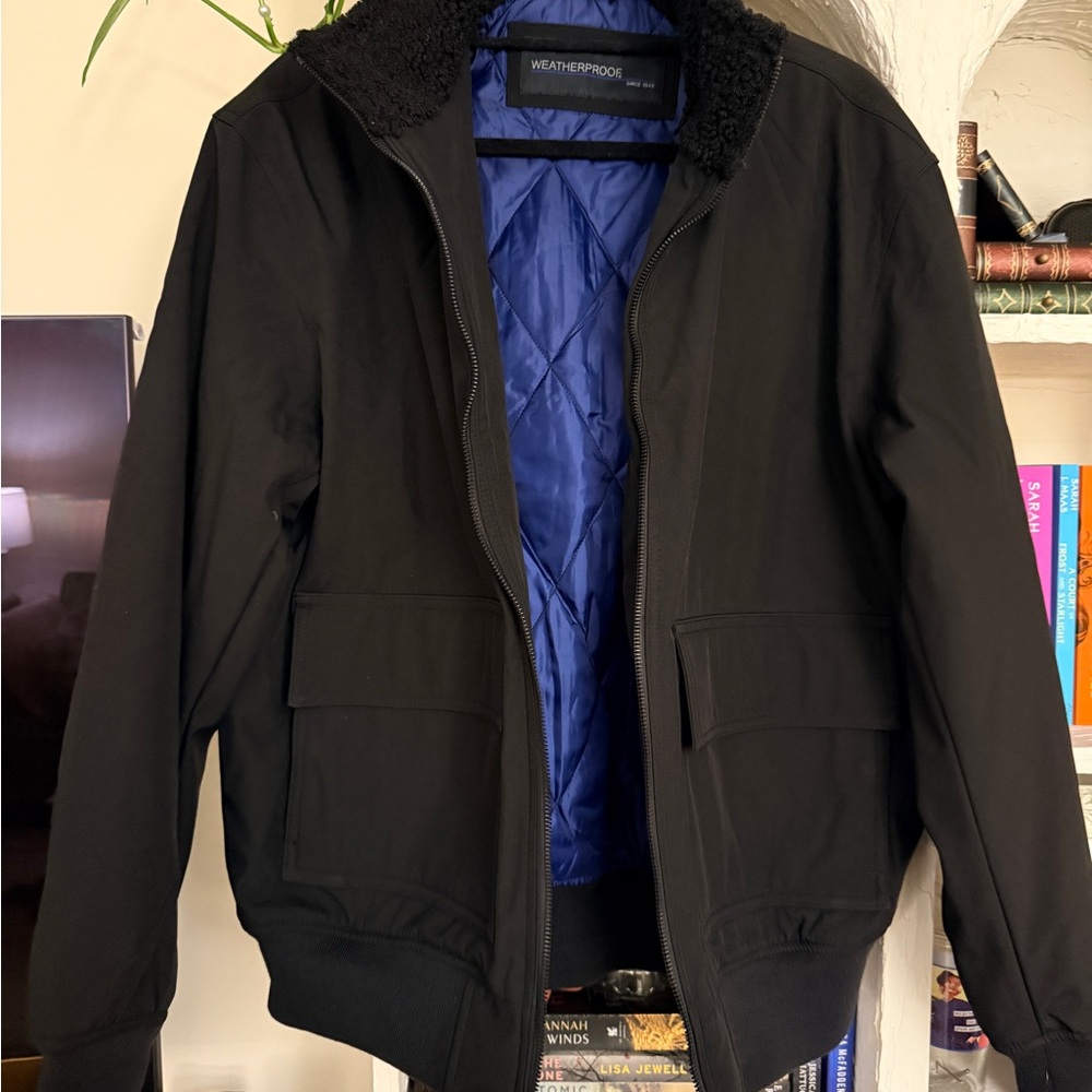 Weatherproof Black Bomber Jacket with Blue Lining